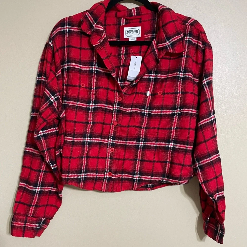 American Eagle Outfitters Red crop Flannel Button Down 100% cotton large - Picture 1 of 4